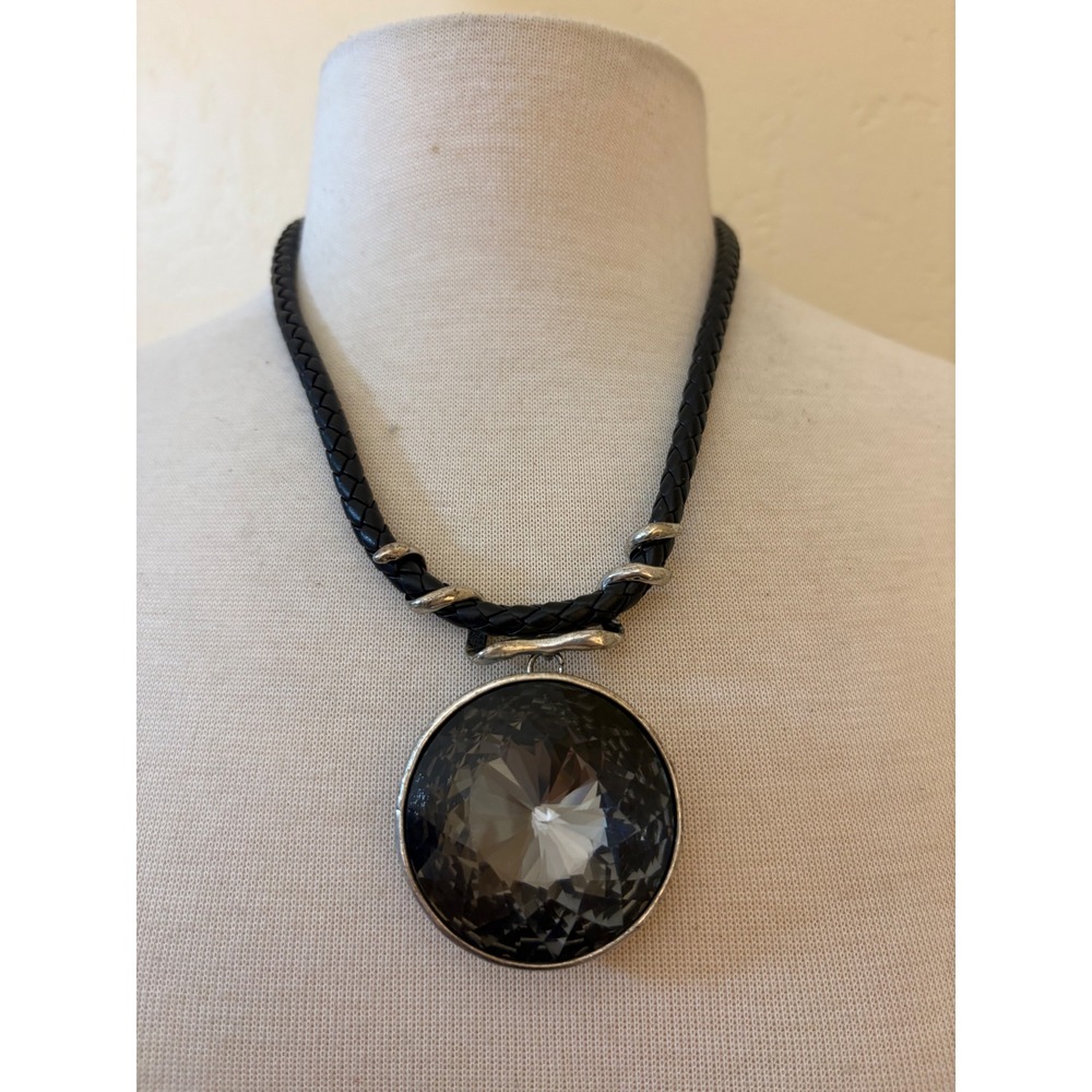 Black Braided‎ Cord Statement Necklace Lg Smoky Grey Crystal Round Pendant 20in